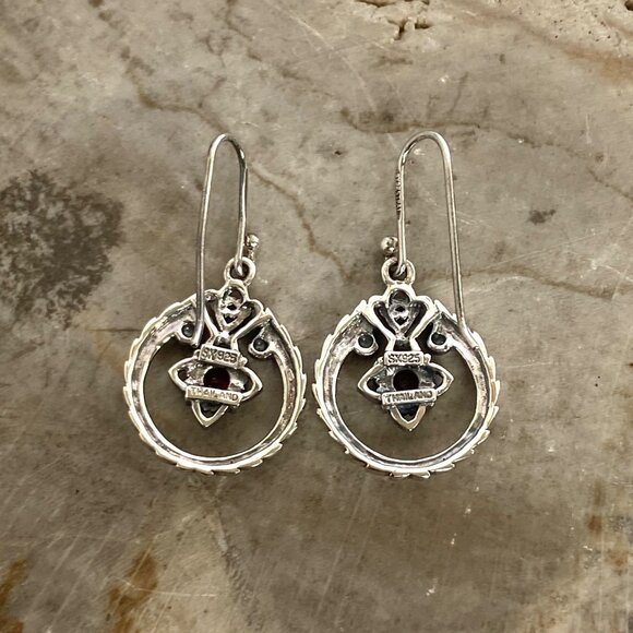 Sterling Silver 925 SX Thailand Garnet Scrollwork Dangle Drop Earrings - Picture 4 of 16